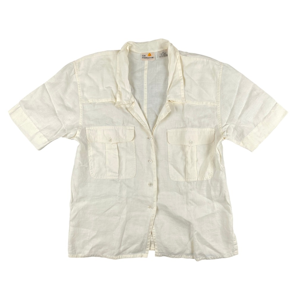 Liz Claiborne Shirt Womens 10 Cream Short Sleeve Vintage Linen Safari Style 90s‎
